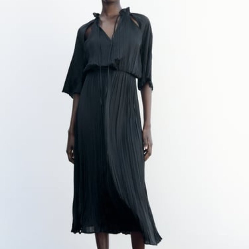 NEW ZARA black satin effect midi dress
